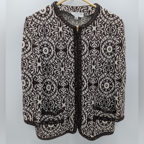 St. John Collection Jackets & Blazers - St John Collection Printed Knit Jacket Leather Trim Old Money Quiet Luxury 12